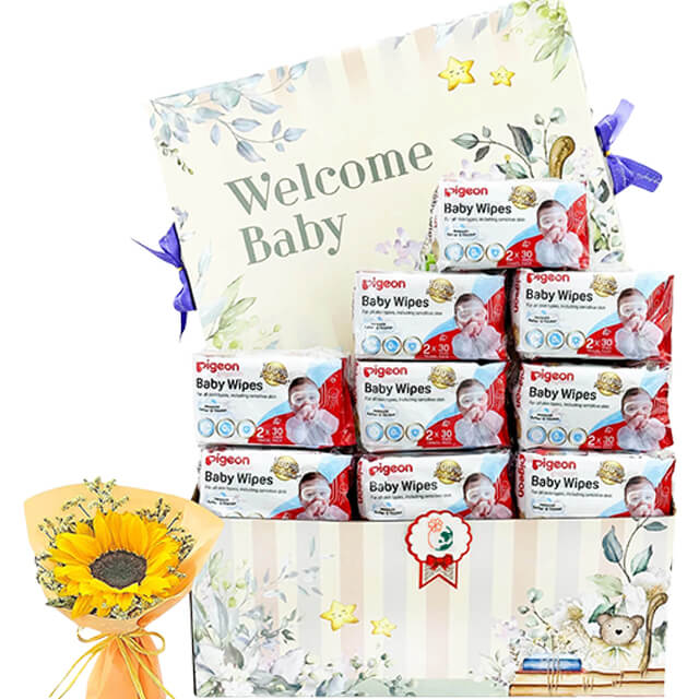 Newborn Essentials Gift Set - Pigeon Wipes and Bouquet