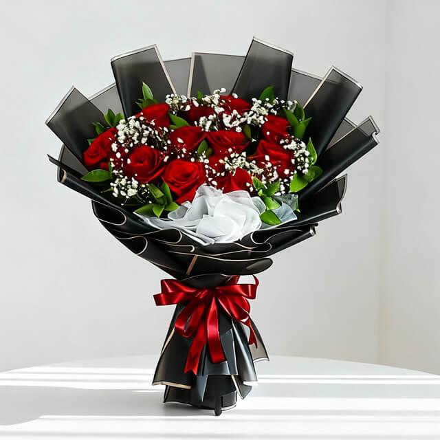 Elegant bouquet of red roses with white accents in black wrapping, perfect for flower delivery.