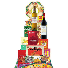 Gift hamper with assorted snacks, two wine bottles, ideal for festive flower delivery Singapore