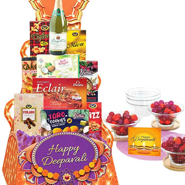 Deepavali gift basket with assorted snacks and sparkling drink for flower delivery Singapore