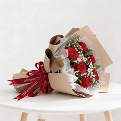 Red rose bouquet with white baby's breath, elegant wrapping, flower delivery in Singapore