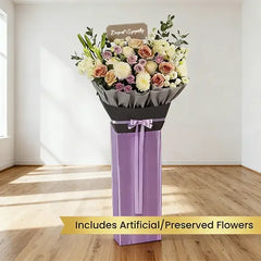 Elegant sympathy flower stand with mixed preserved blooms, perfect for Singapore flower delivery