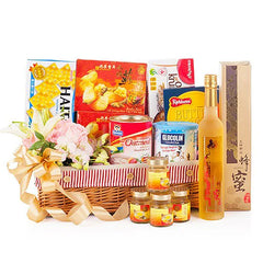 Get well soon hamper with fresh flowers, honey, health foods, ideal for flower delivery.