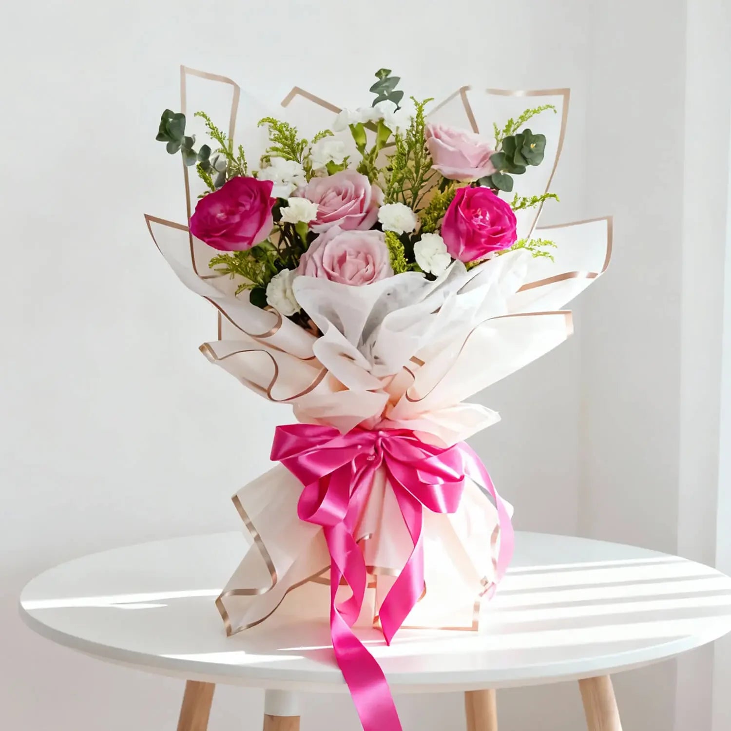 Pastel pink and white rose bouquet with greenery, wrapped for flower delivery, on a table.