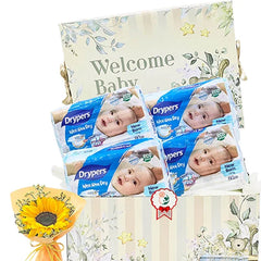 Newborn baby hamper with diapers, sunflower bouquet, and floral gift box for flower delivery