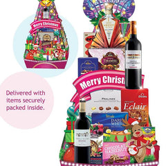 Christmas gift hamper with wine, chocolates, cookies, festive treats, flower delivery option