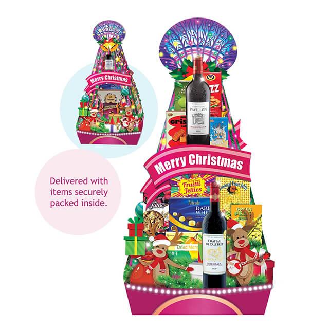Christmas hamper with wine, chocolates, and festive treats for flower delivery in Singapore