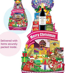 Festive Christmas hamper with wine and gourmet treats, ideal for flower delivery gifts.