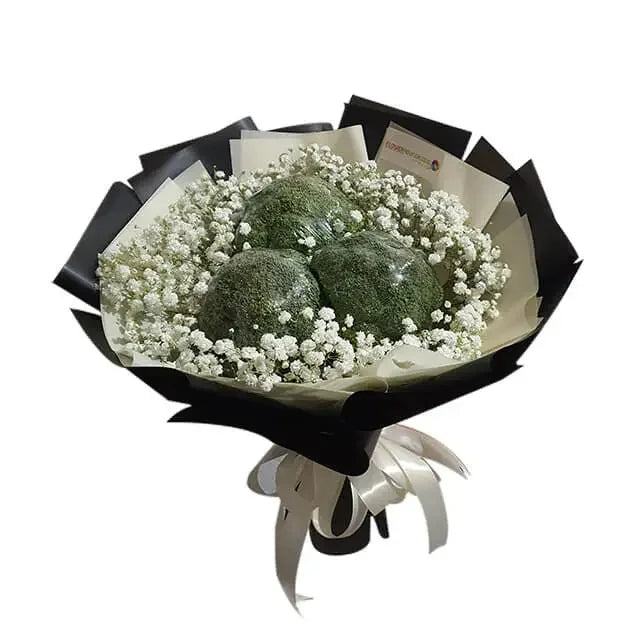 Unique vegetable bouquet with broccoli and white baby’s breath flowers for delivery