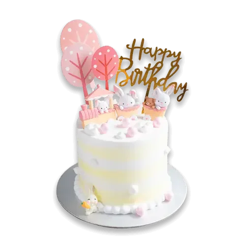Happy Birthday cake with bunny toppers, pink trees, and gold lettering for same-day flower delivery Singapore