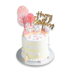 Happy Birthday cake with bunny toppers, pink trees, and gold lettering for same-day flower delivery Singapore