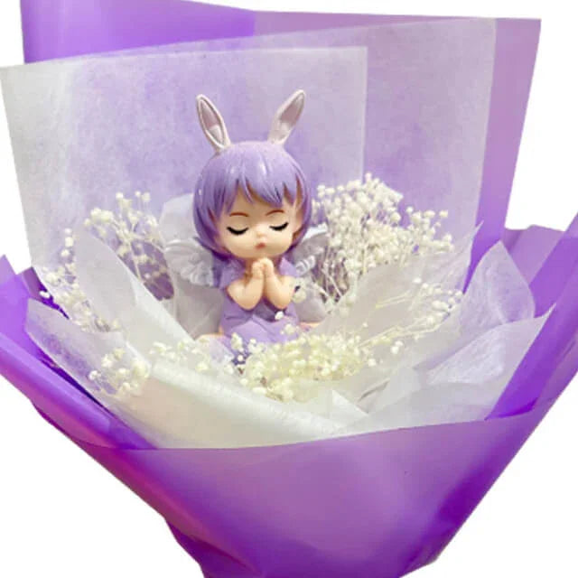 Purple flower bouquet with praying angel doll and preserved baby’s breath, perfect for delivery gift