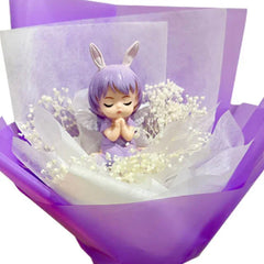 Purple flower bouquet with praying angel doll and preserved baby’s breath, perfect for delivery gift