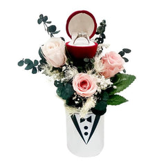 Preserved roses bouquet with ring box in tuxedo vase, perfect for Singapore flower delivery