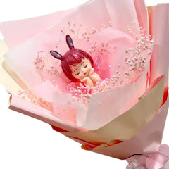 Pink bouquet with preserved flowers and angel doll for flower delivery in Singapore