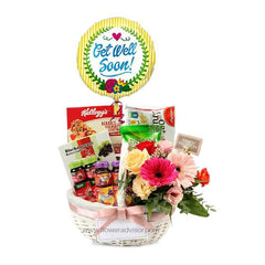 Get well soon hamper with fresh flowers, snacks, and balloon for flower delivery