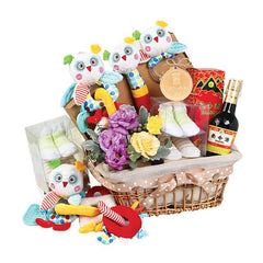 Flower delivery gift basket with fresh yellow and purple flowers, plush toys, and baby gifts