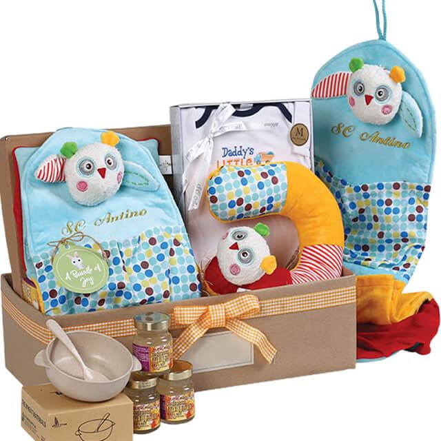 Baby gift hamper with plush owl toys, baby clothes, and food jars, ideal for flower delivery gifts