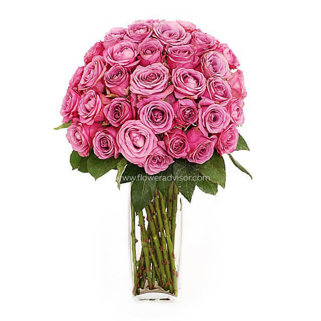 Elegant flower delivery arrangement of three dozen pink roses in a clear vase