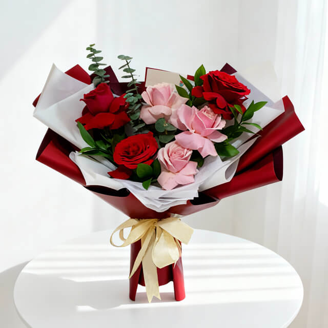 Red and pink rose bouquet with greenery for same-day flower delivery in Singapore