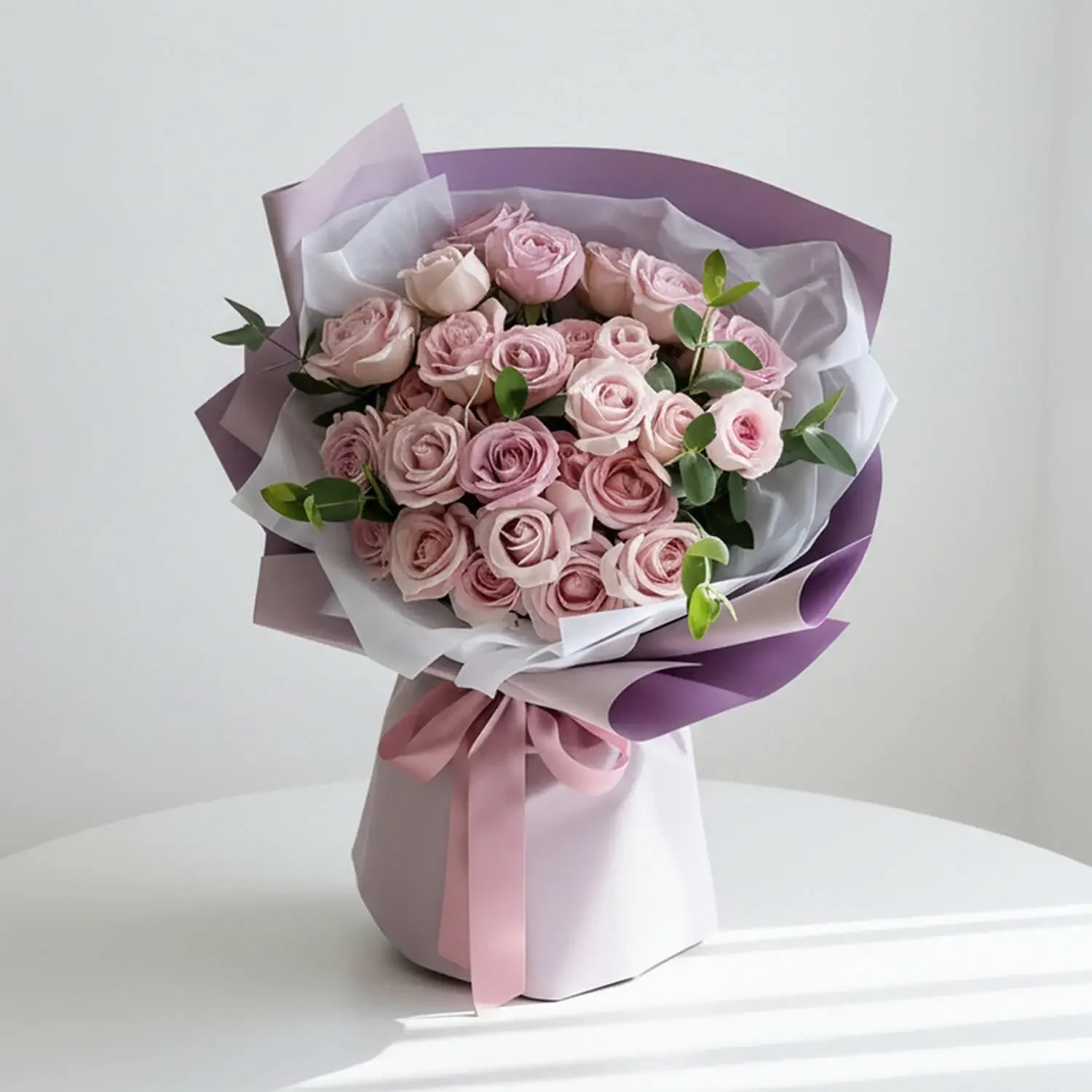 Elegant pink rose bouquet with greenery, perfect for flower delivery in Singapore