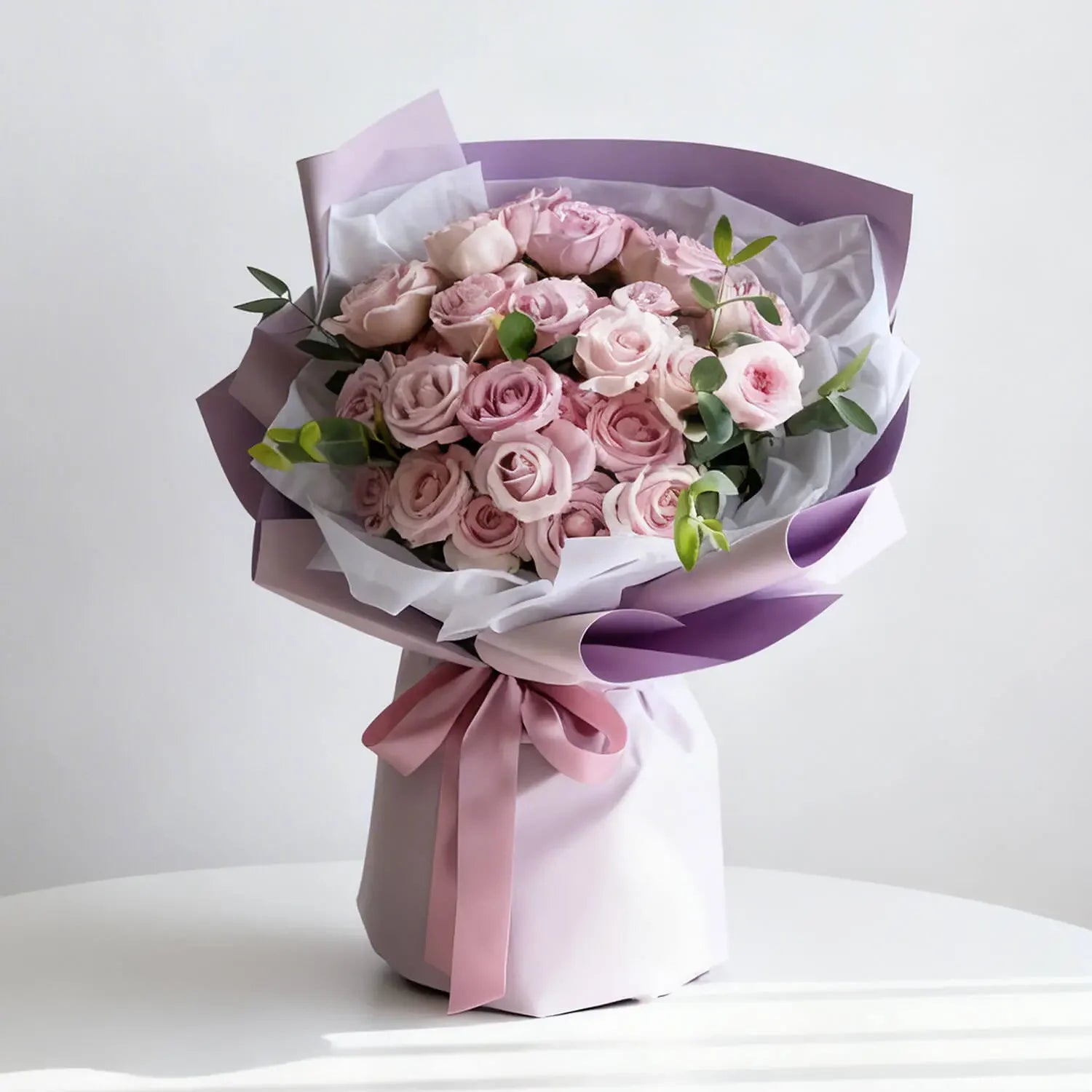 Elegant pink rose bouquet with lush greenery, wrapped for flower delivery gift