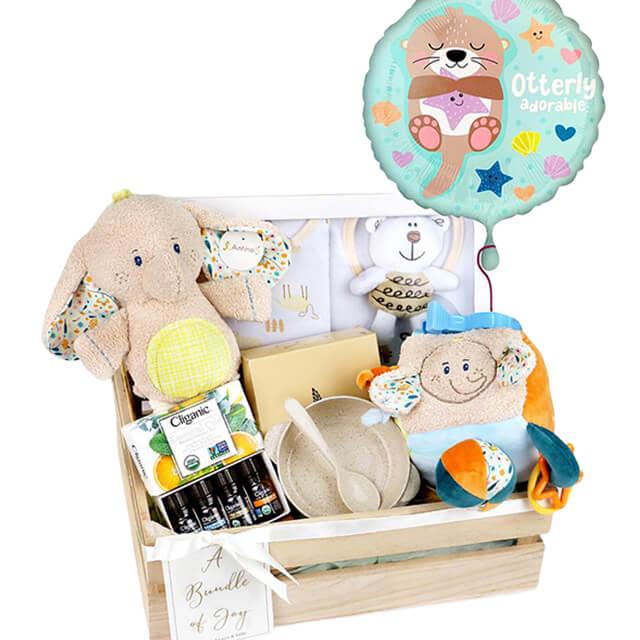 Baby gift hamper with plush toys, balloon, baby essentials, and flowers for delivery