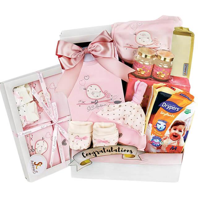 Baby gift hamper with pink baby clothes, diapers, soft toys, and gift items for delivery