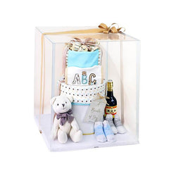Newborn gift hamper with soft toy, baby items and drinks for flower delivery in Singapore