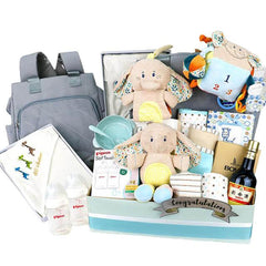 New baby gift hamper with plush toys, flowers, and baby essentials for delivery