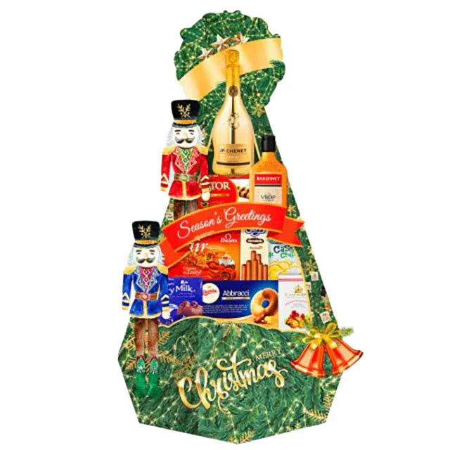 Christmas-themed gift hamper with wine, festive snacks, nutcracker figures, suitable for flower delivery