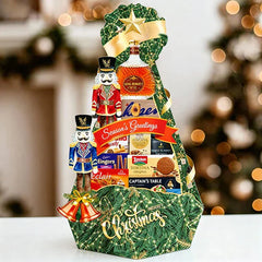 Festive Christmas hamper with treats, bottle, and nutcracker figures for flower delivery gift