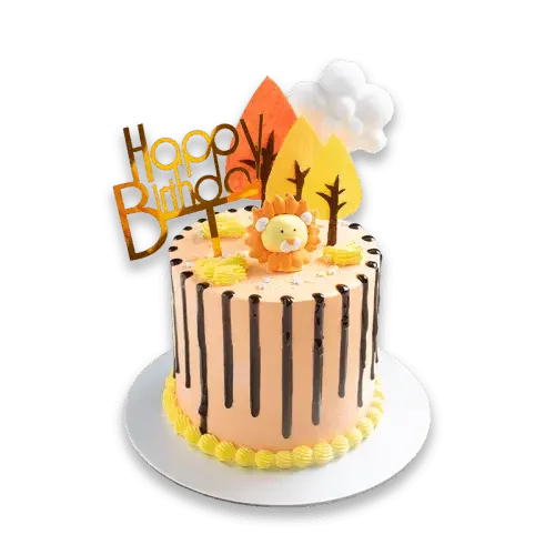Happy Birthday cake with lion topper, chocolate drizzle, and floral accents for delivery