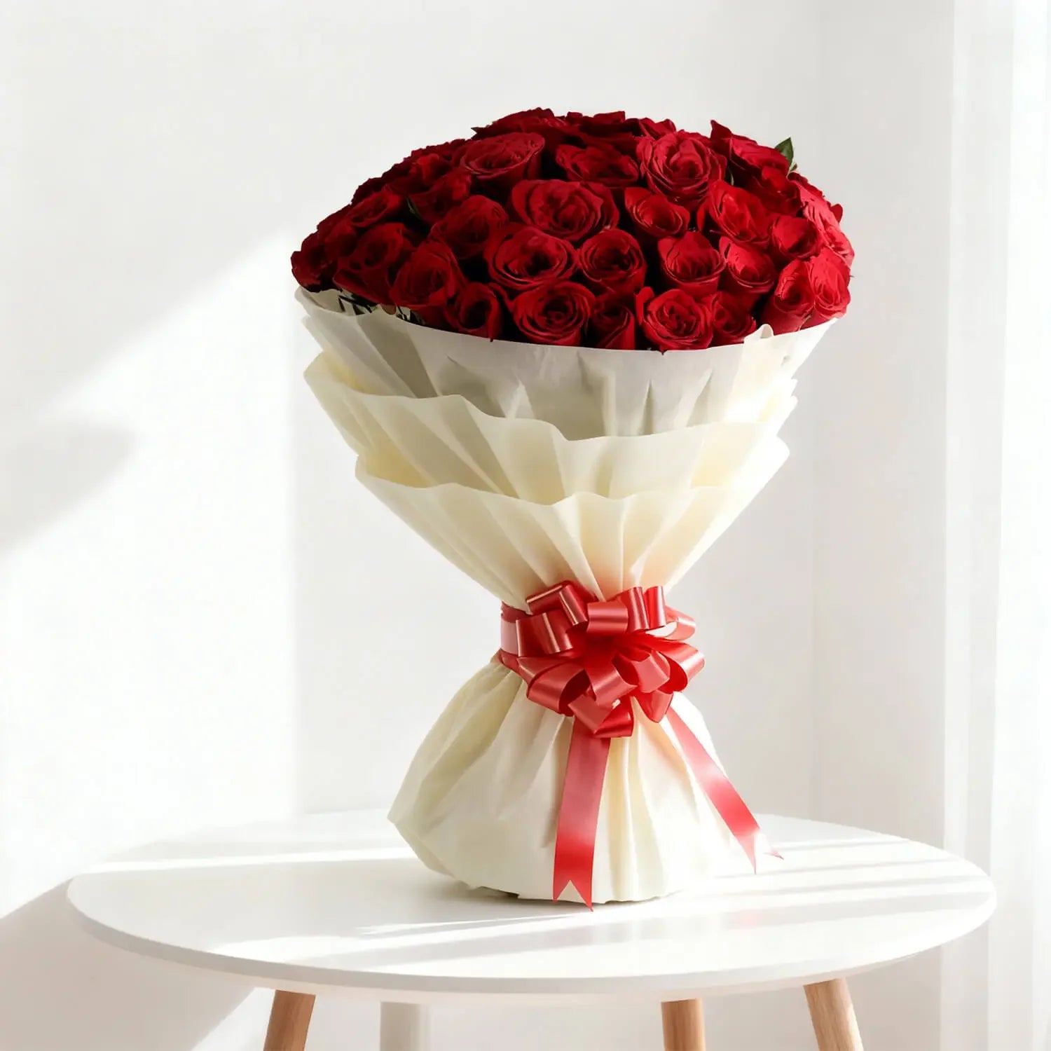 Elegant bouquet of red roses with white wrapping and red ribbon, perfect for flower delivery.