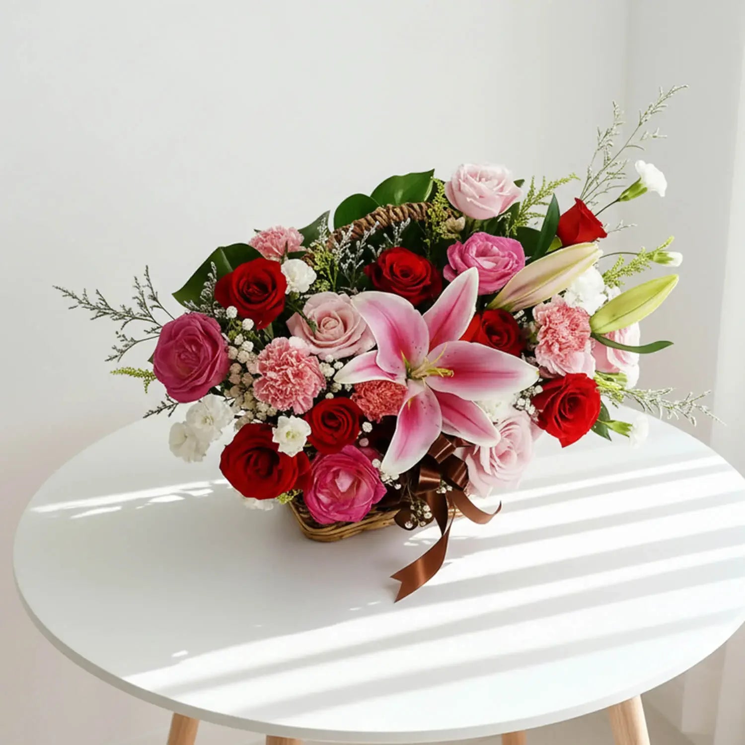 Fresh flower bouquet with lilies, roses, and carnations in basket for delivery