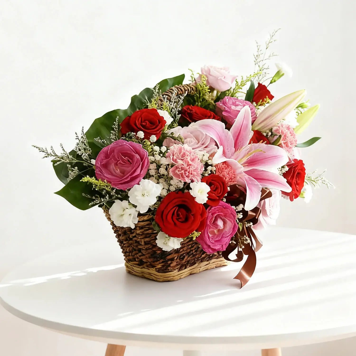Flower delivery basket with pink lilies, red roses, and mixed fresh blooms on a table