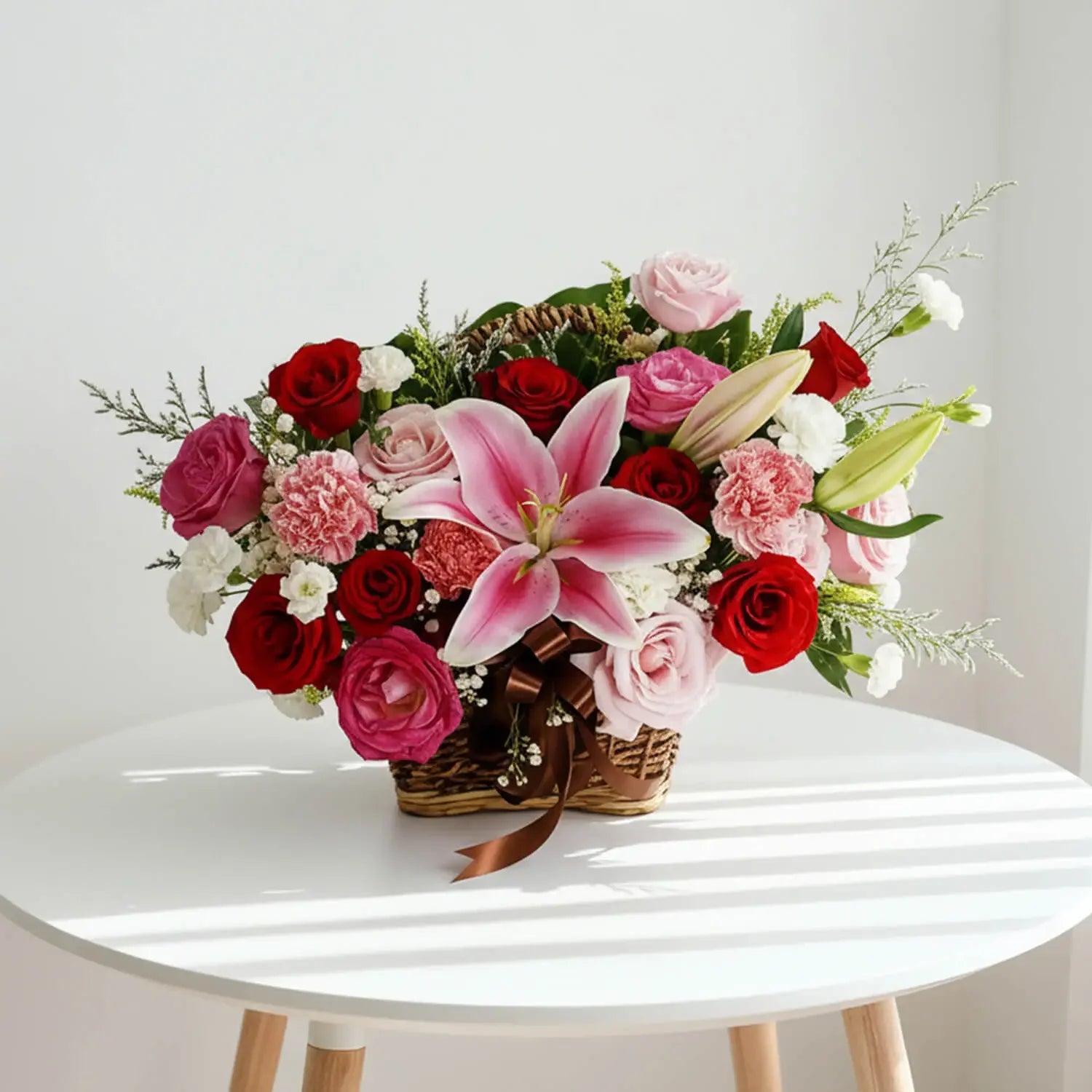 Fresh flower delivery basket with pink lilies, roses, carnations on a white table