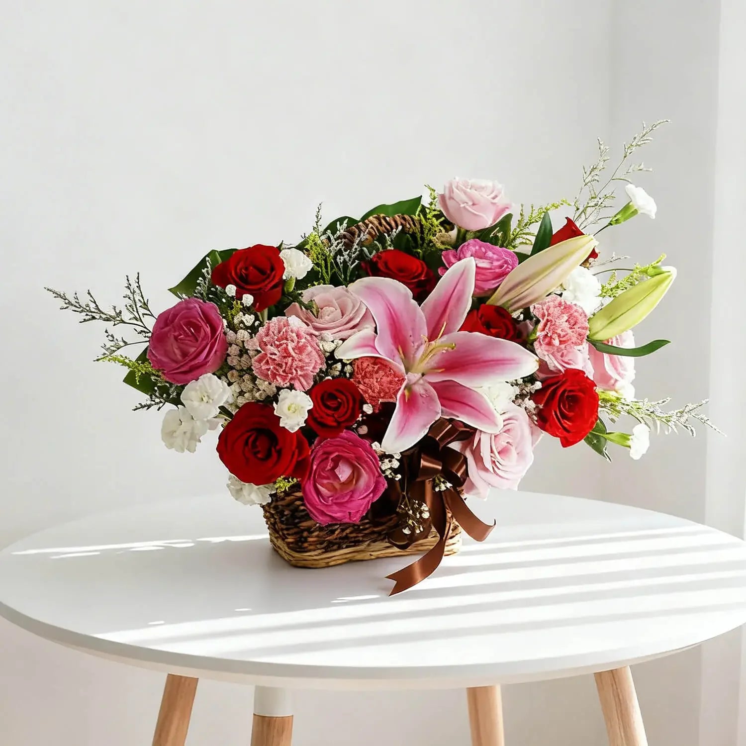 Fresh flower delivery basket with pink lilies, red roses, carnations and greenery arrangement