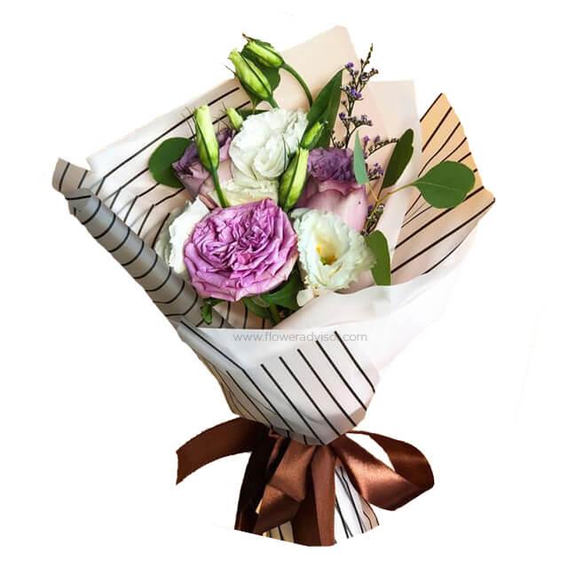 Elegant mixed flower bouquet with purple and white roses, perfect for flower delivery in Singapore