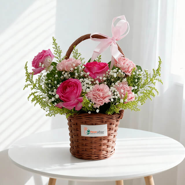 Pink roses and carnations in a round basket on table, ideal for flower delivery