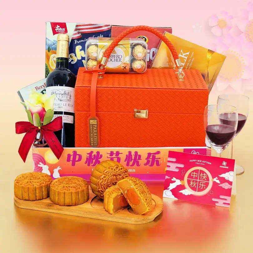 Autumn Cheers Mid-Autumn Mooncake & Wine Gift Hamper with Handmade Flowers