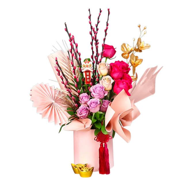 Chinese New Year flower bouquet with pink roses and pussy willow for flower delivery