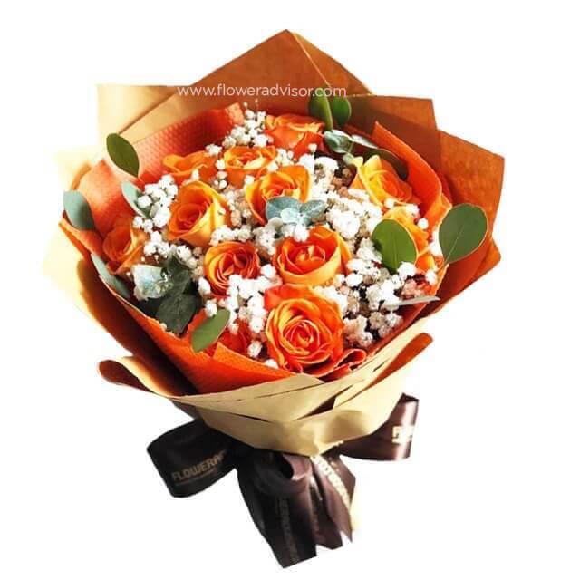 Orange rose bouquet with white baby's breath for flower delivery in Singapore