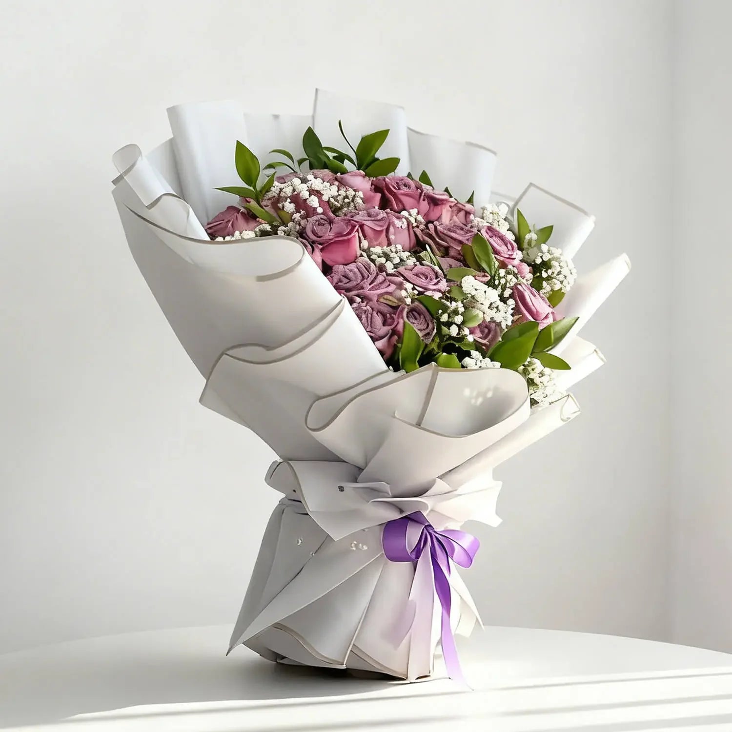 Elegant flower delivery bouquet with pink roses, white baby's breath, and purple ribbon.