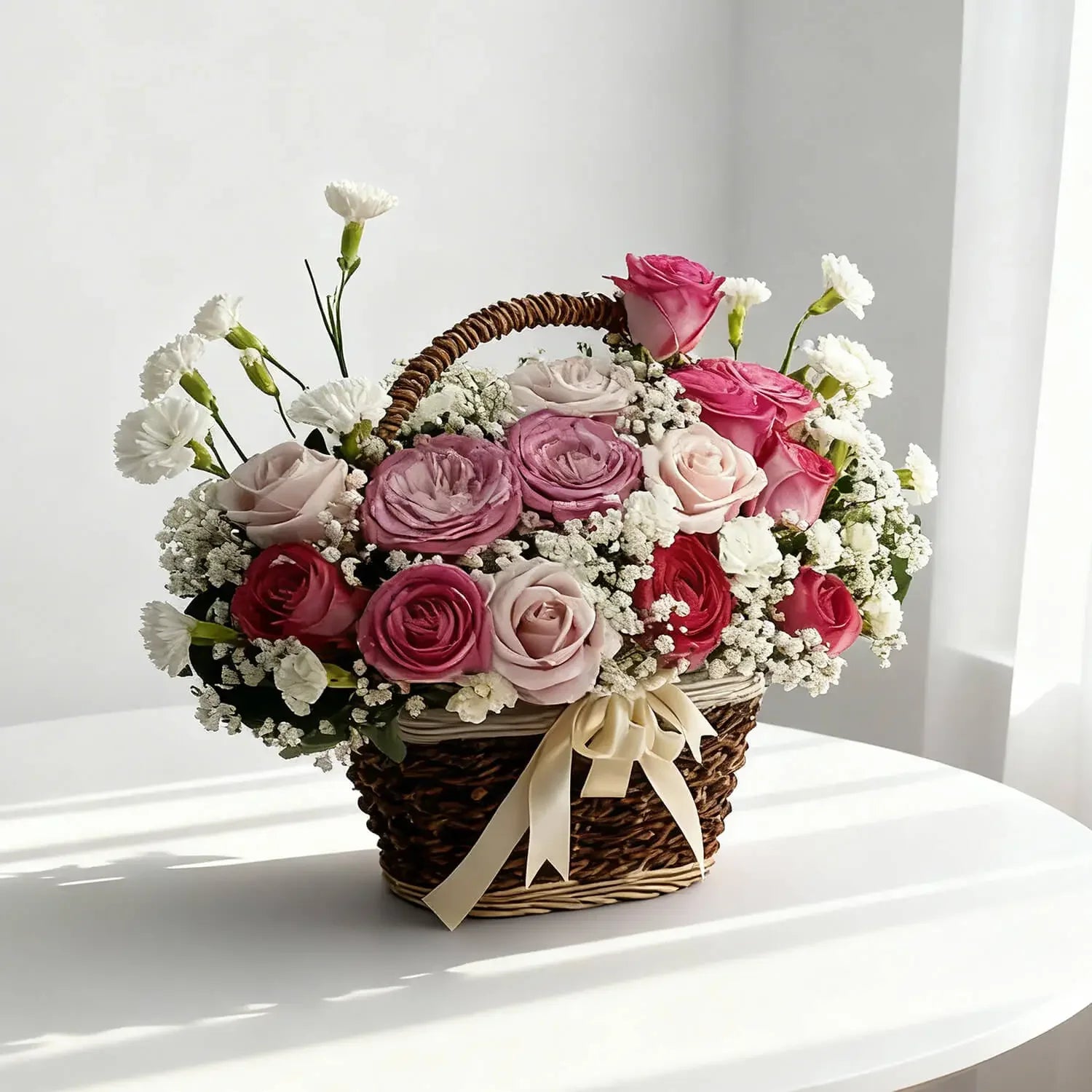 Elegant flower basket with pink and white roses, perfect for flower delivery in Singapore