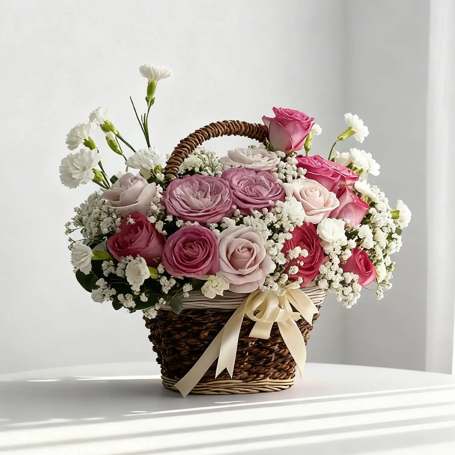 Pink and white rose basket arrangement for flower delivery, perfect for special occasions