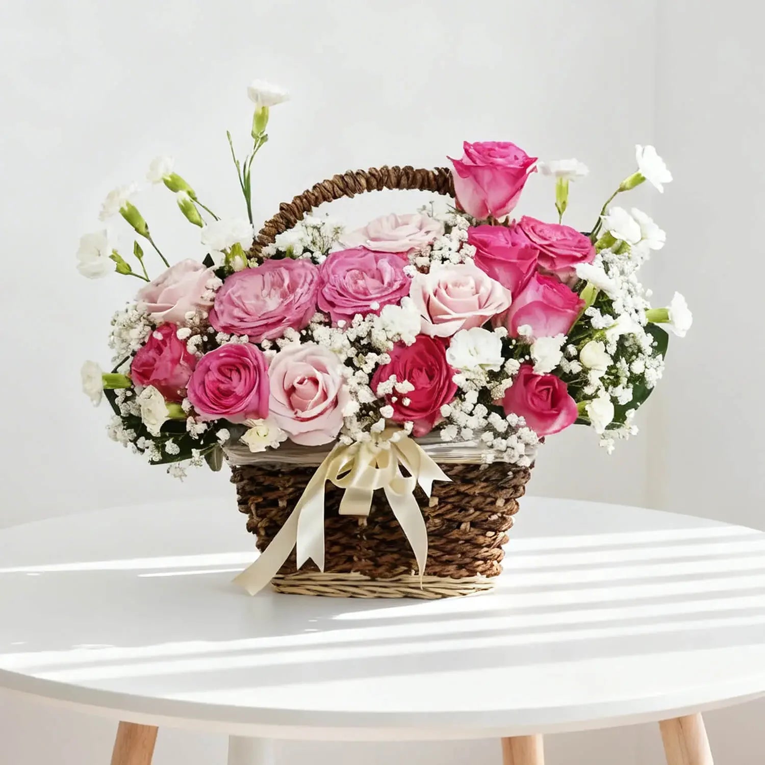 Pink and white rose flower basket with baby's breath, perfect for flower delivery gifts