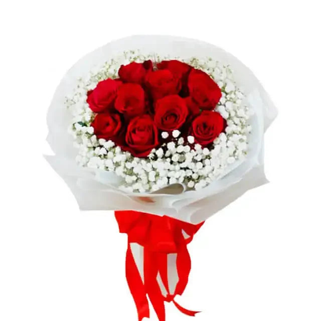 Red rose bouquet with baby's breath, perfect for Singapore flower delivery