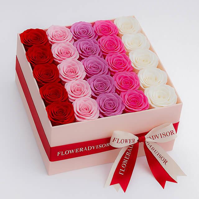 Colorful rose arrangement in a square bloom box for flower delivery in Singapore