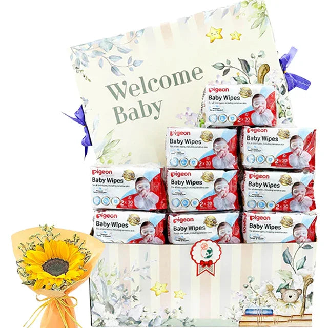 Newborn gift hamper with baby wipes, welcome baby sign, and fresh sunflower bouquet for delivery